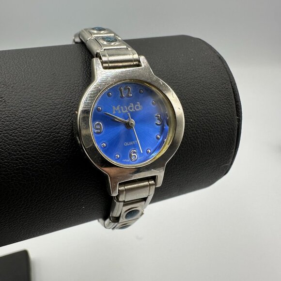 3/$30 Mudd Watch Women Silver Tone Blue Dial Italian Charm Stretch Band 6.75" - Picture 1 of 13